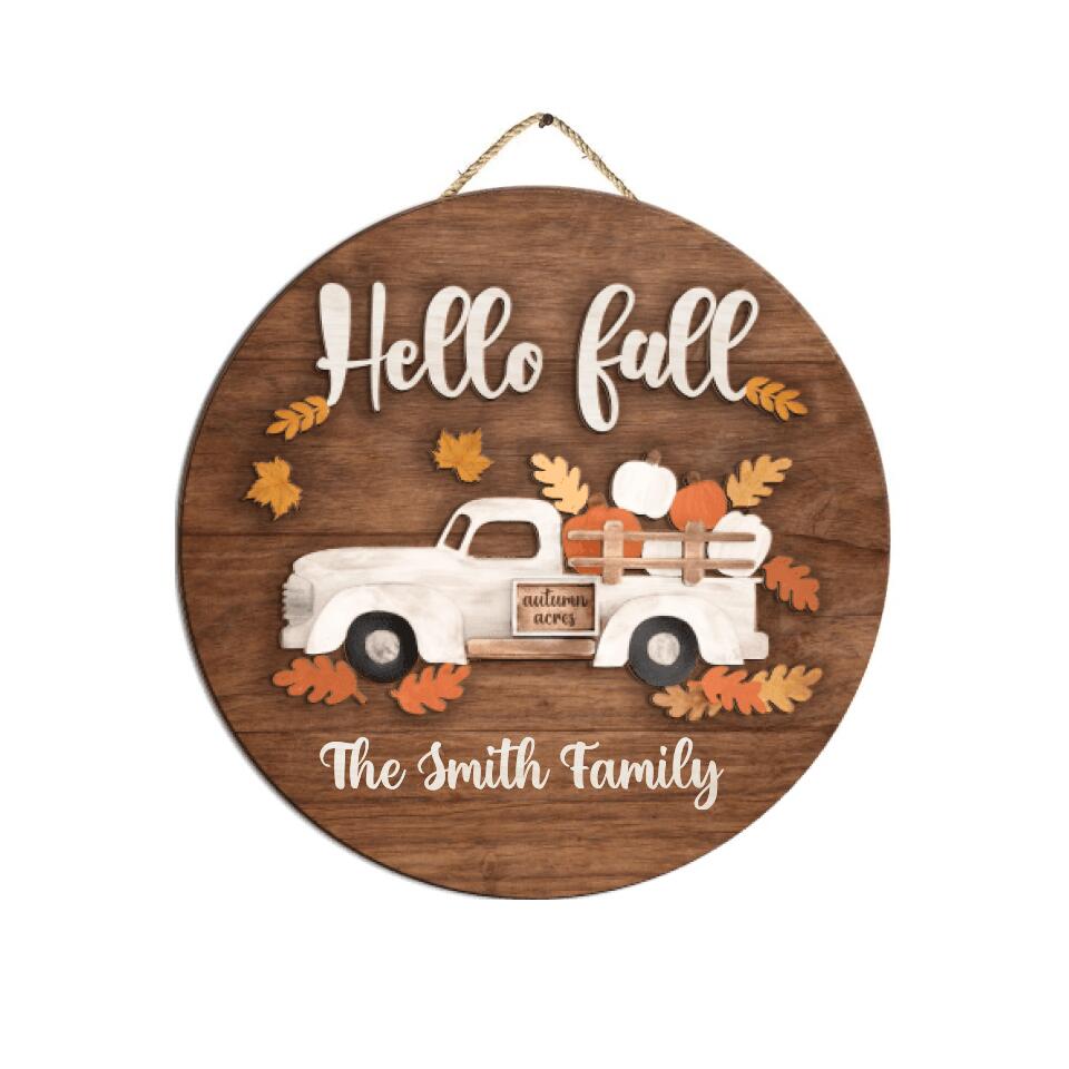 Hello Fall Autumn Hanger Sign - Personalized 2 Layer Sign