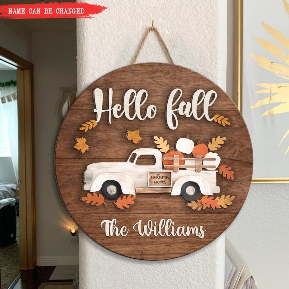 Hello Fall Autumn Hanger Sign - Personalized 2 Layer Sign