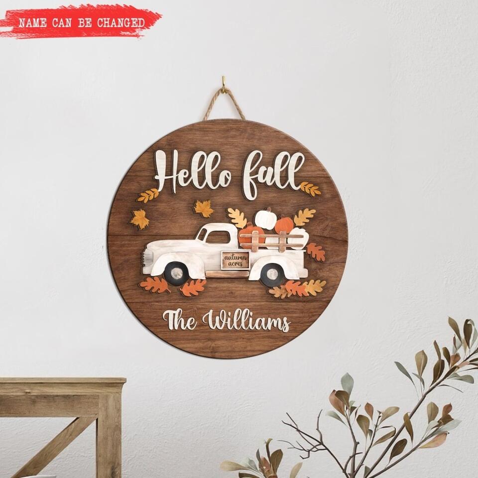 Hello Fall Autumn Hanger Sign - Personalized 2 Layer Sign
