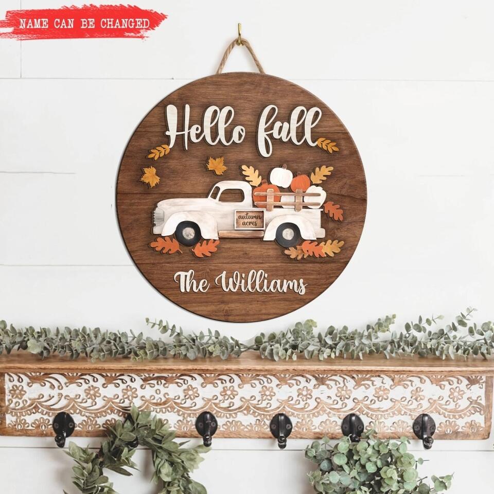 Hello Fall Autumn Hanger Sign - Personalized 2 Layer Sign