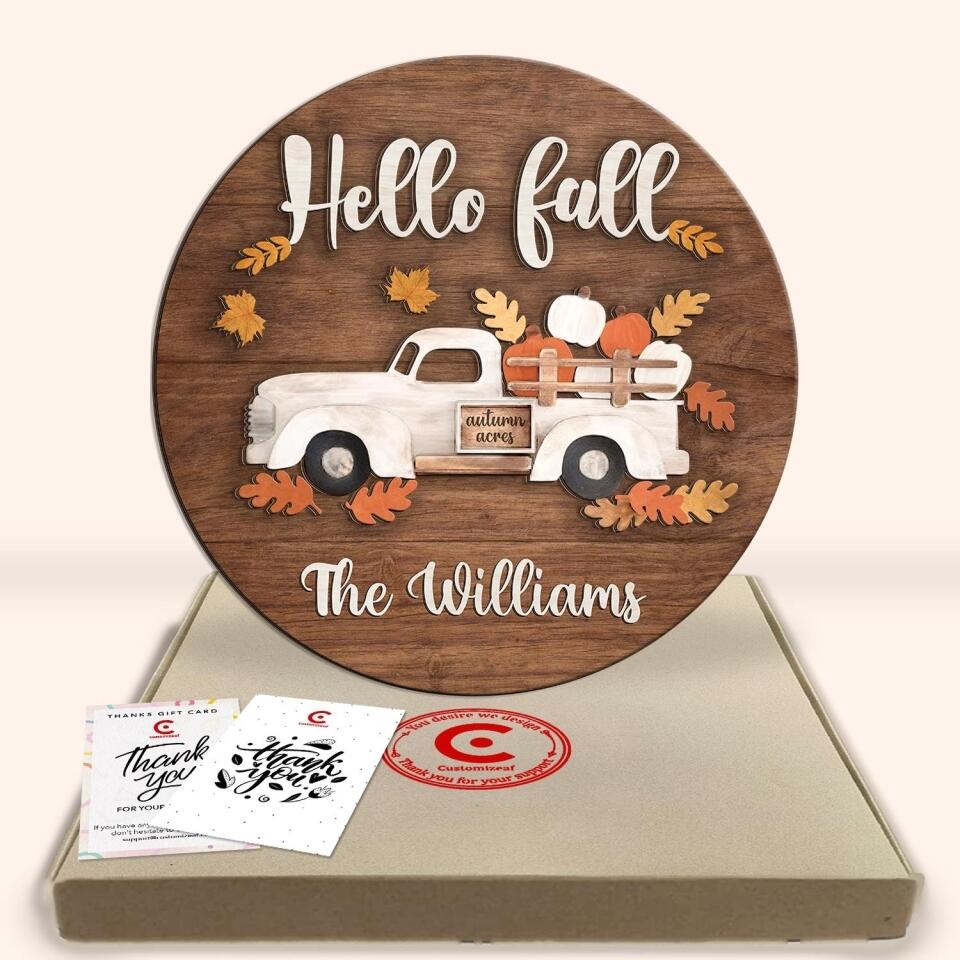 Hello Fall Autumn Hanger Sign - Personalized 2 Layer Sign