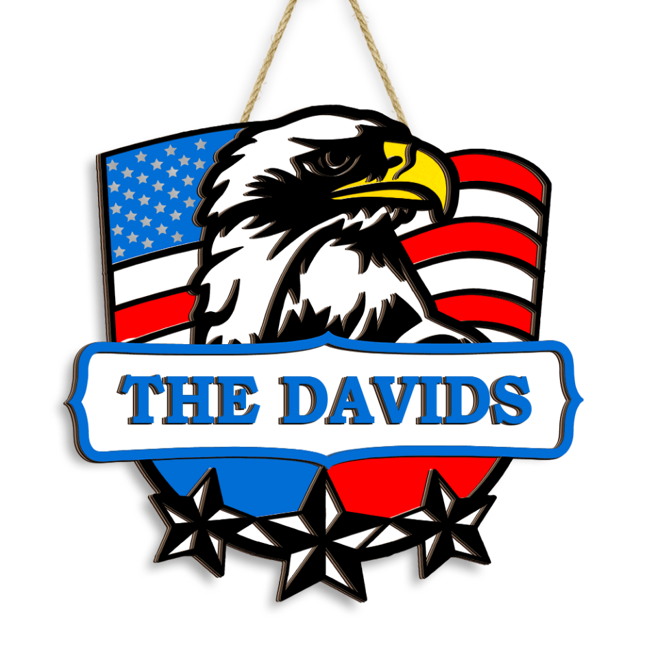 American Eagle With Family Name | Custom 2 Layer Wooden Sign To Adorn Welcome
