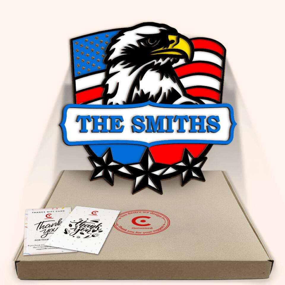American Eagle With Family Name | Custom 2 Layer Wooden Sign To Adorn Welcome