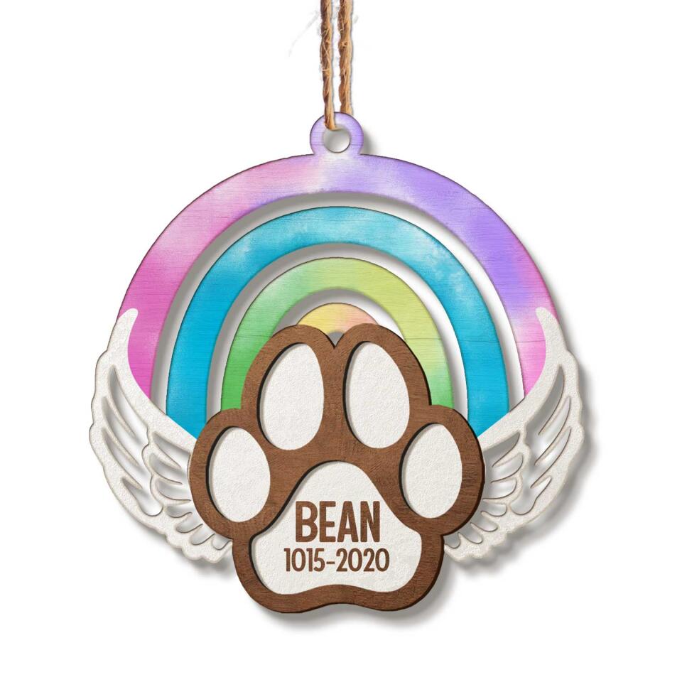 Boho Rainbow Memorial Ornament, Keepsake for Cat, Dog - Personalized Wooden Ornament