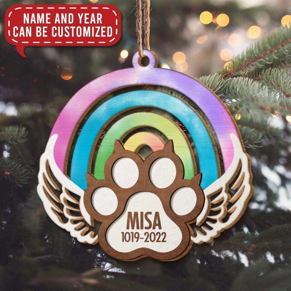 Boho Rainbow Memorial Ornament, Keepsake for Cat, Dog - Personalized Wooden Ornament