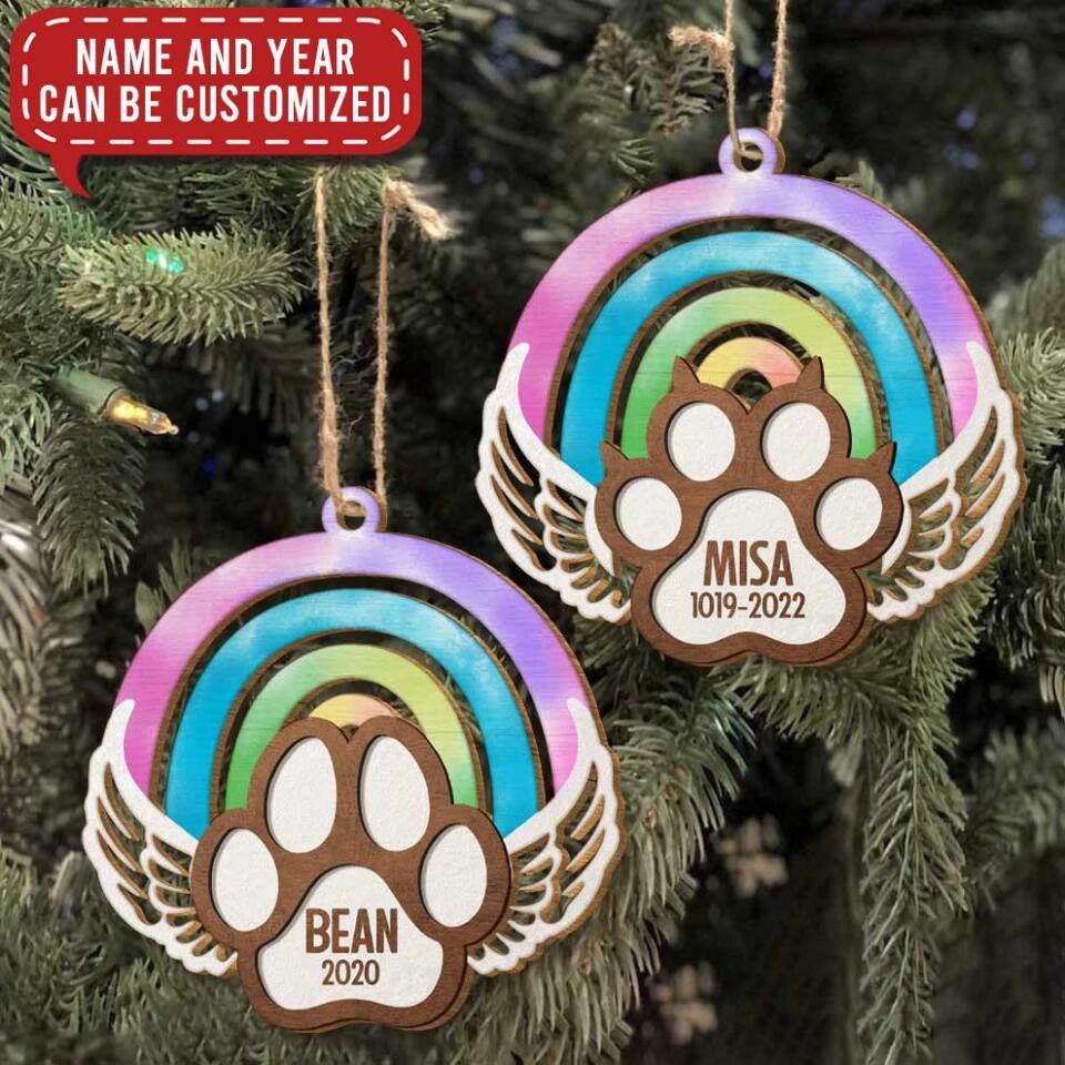 Boho Rainbow Memorial Ornament, Keepsake for Cat, Dog - Personalized Wooden Ornament