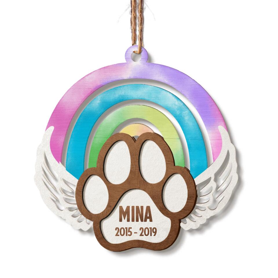 Boho Rainbow Memorial Ornament, Keepsake for Cat, Dog - Personalized Wooden Ornament
