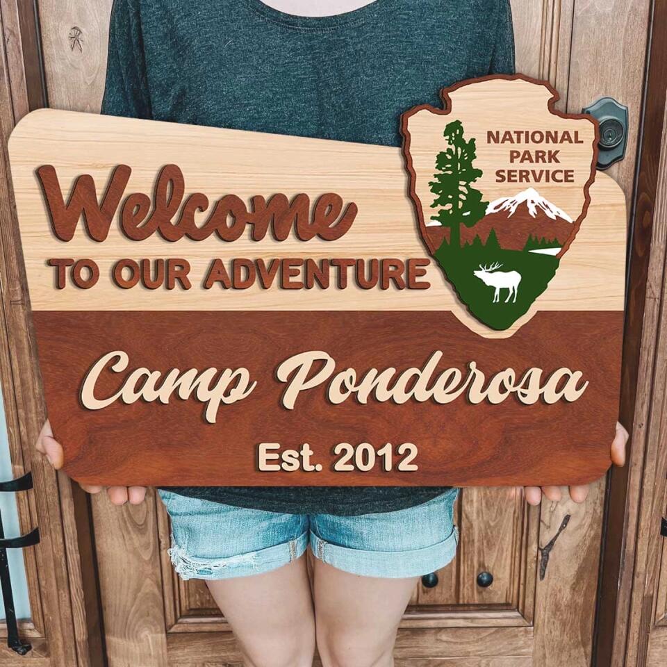 Welcome To Our Adventure - Personalized Door Sign 2 Layer, Camping Decoration