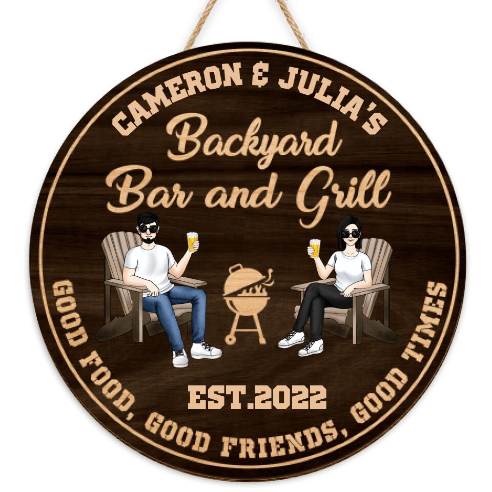 Backyard Bar and Grill | Good Food, Good Friends, Good Time | Custom 2 Layer Wooden Sign | Round Shape