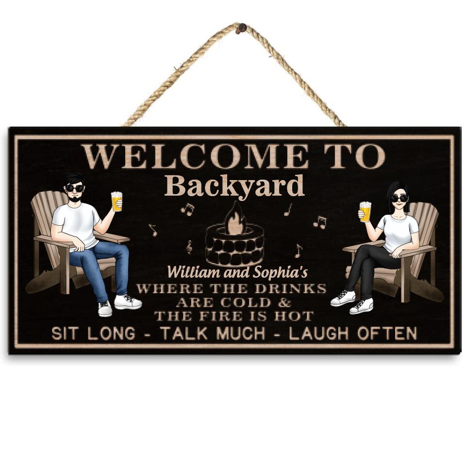 Welcome Backyard Sign, Couple Husband Wife,  Personalized Custom Classic 2 Layer Wooden Sign