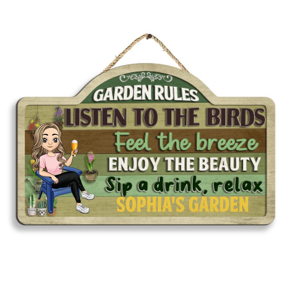 Garden Rules, Listen To The Birds - Personalized 2 Layer Sign, Custom Shape