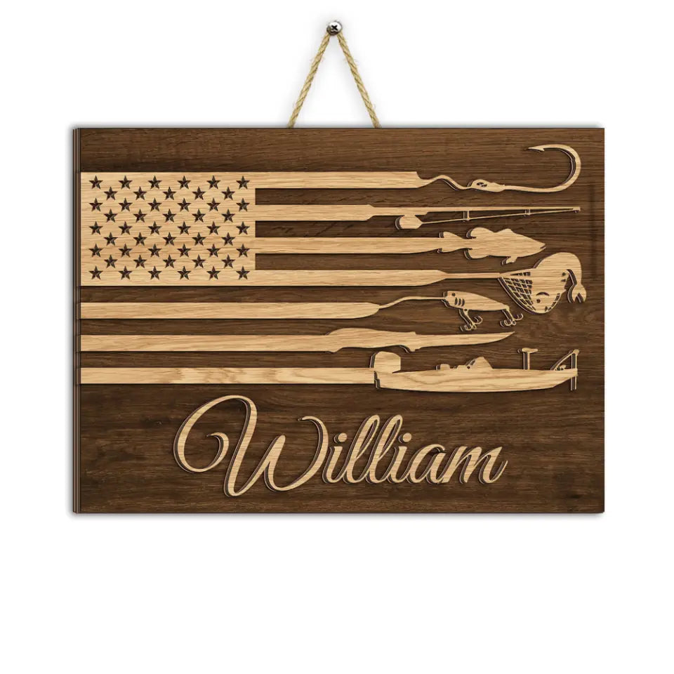 American Flag Father Fishing Sign - Personalized 2 Layer Sign