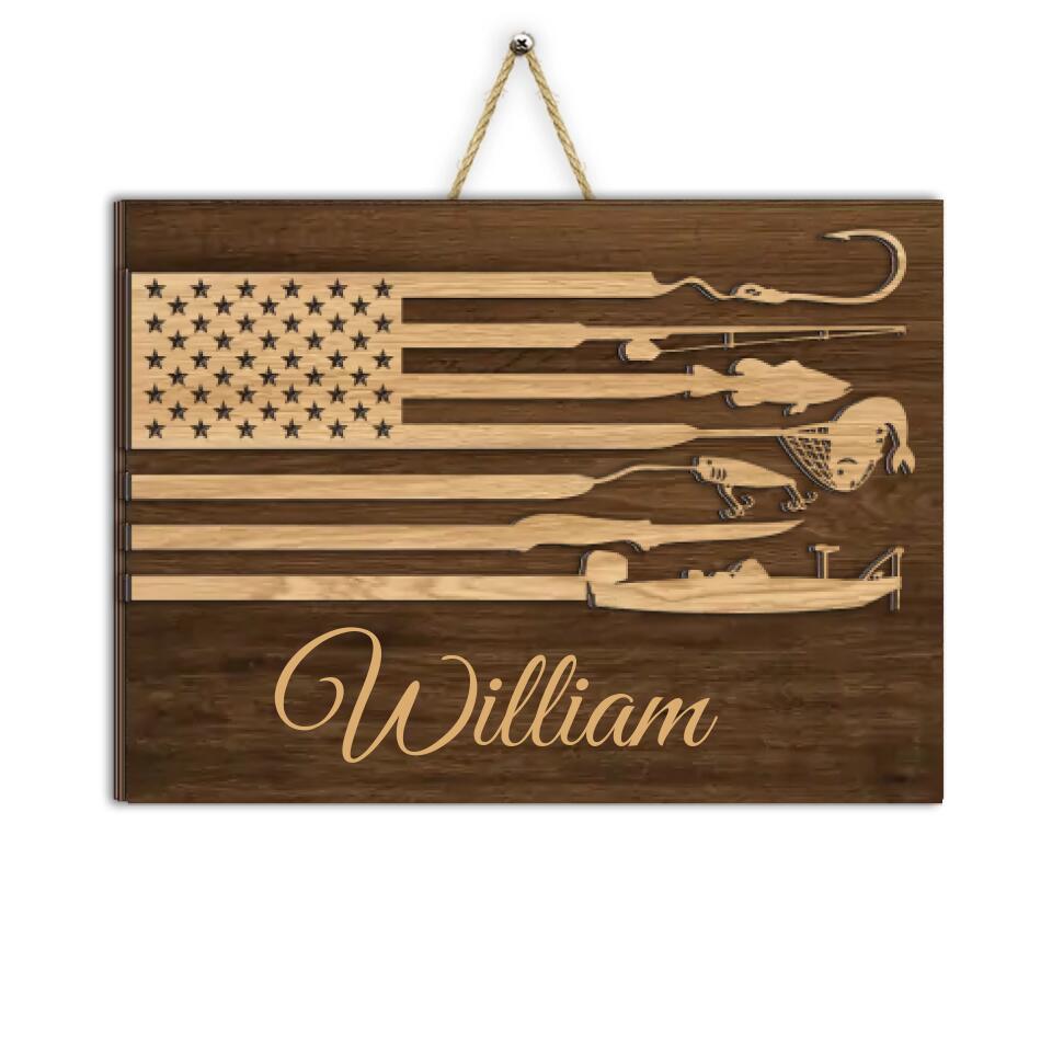 American Flag Father Fishing Sign - Personalized 2 Layer Sign