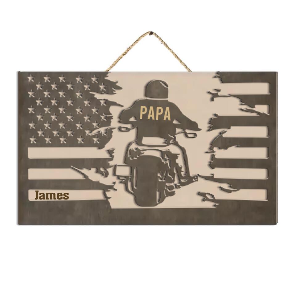 Father Motocycle American Flag Sign - Personalized 2 Layer Sign