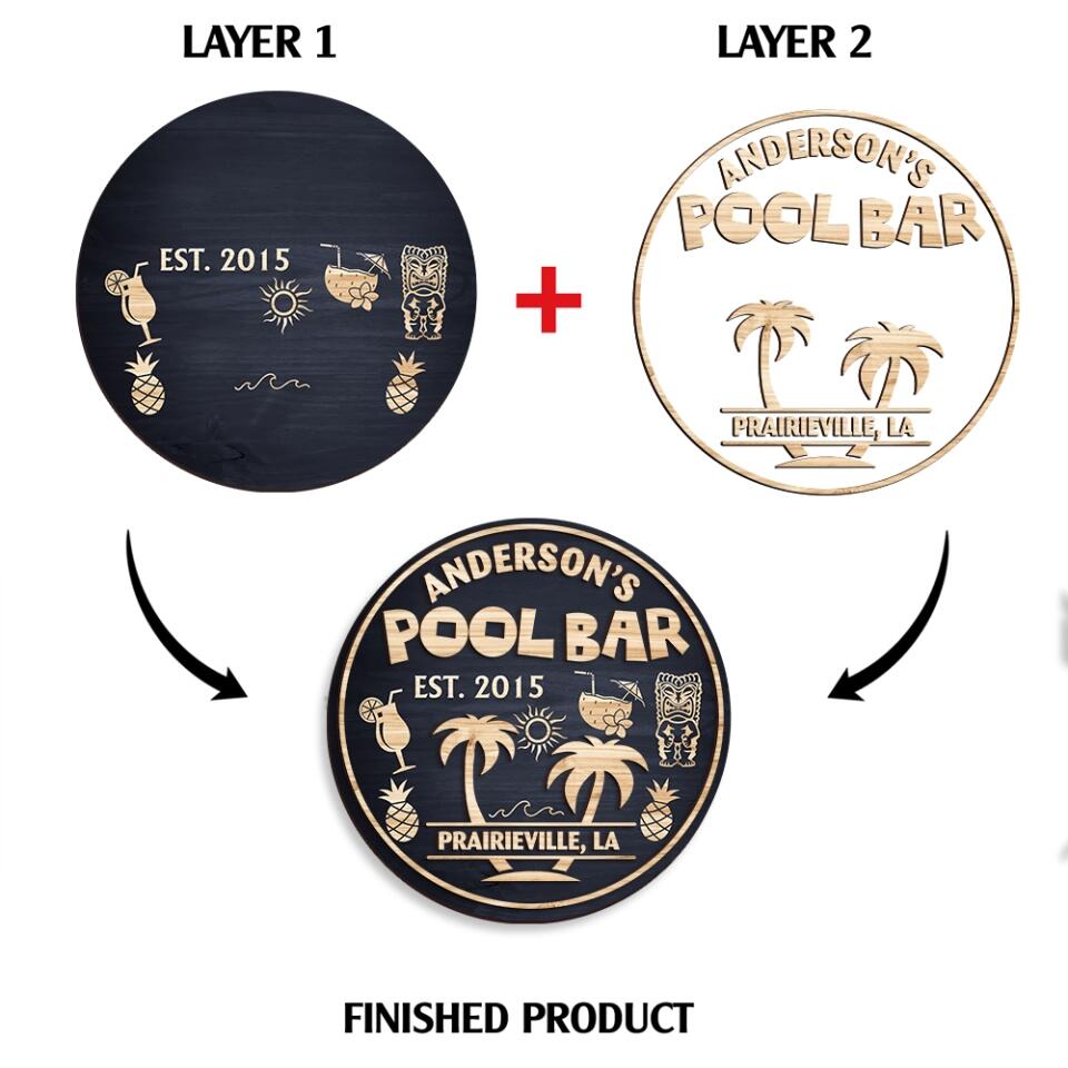 Pool Bar Sign, Family Sign - Personalized 2 Layer Sign