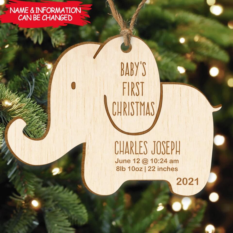 Wooden Elephant Baby's First Christmas - Personalized Ornament