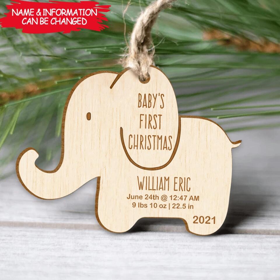 Wooden Elephant Baby's First Christmas - Personalized Ornament