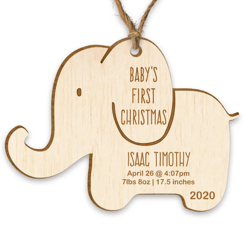 Wooden Elephant Baby&#39;s First Christmas - Personalized Ornament