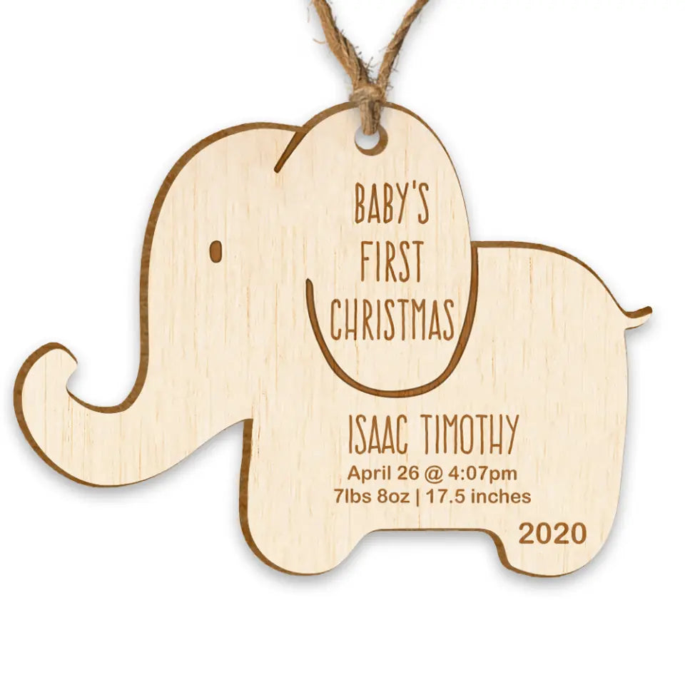 Wooden Elephant Baby's First Christmas - Personalized Ornament