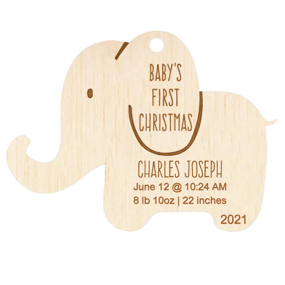 Wooden Elephant Baby's First Christmas - Personalized Ornament