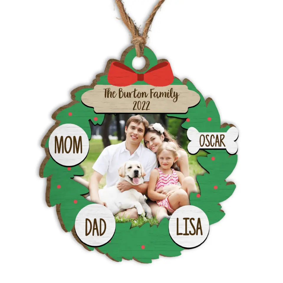 Personalized Family Christmas Ornaments, 2022 Wood Garland Wreath Ornament With Family Member Names, Custom Holiday Ornament