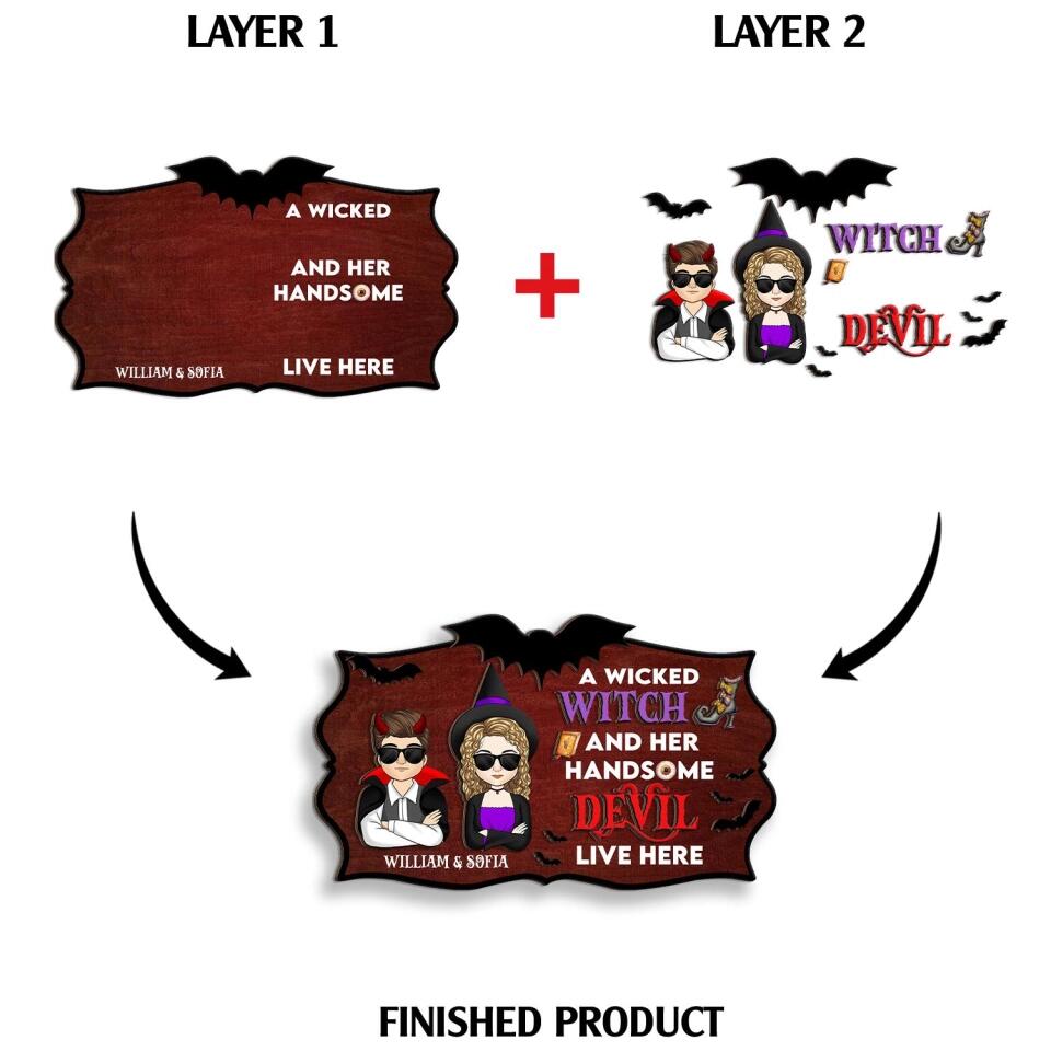 A Wicked Witch & Her Handsome Devil Live Here - Personalized 2 Layer Wood Sign