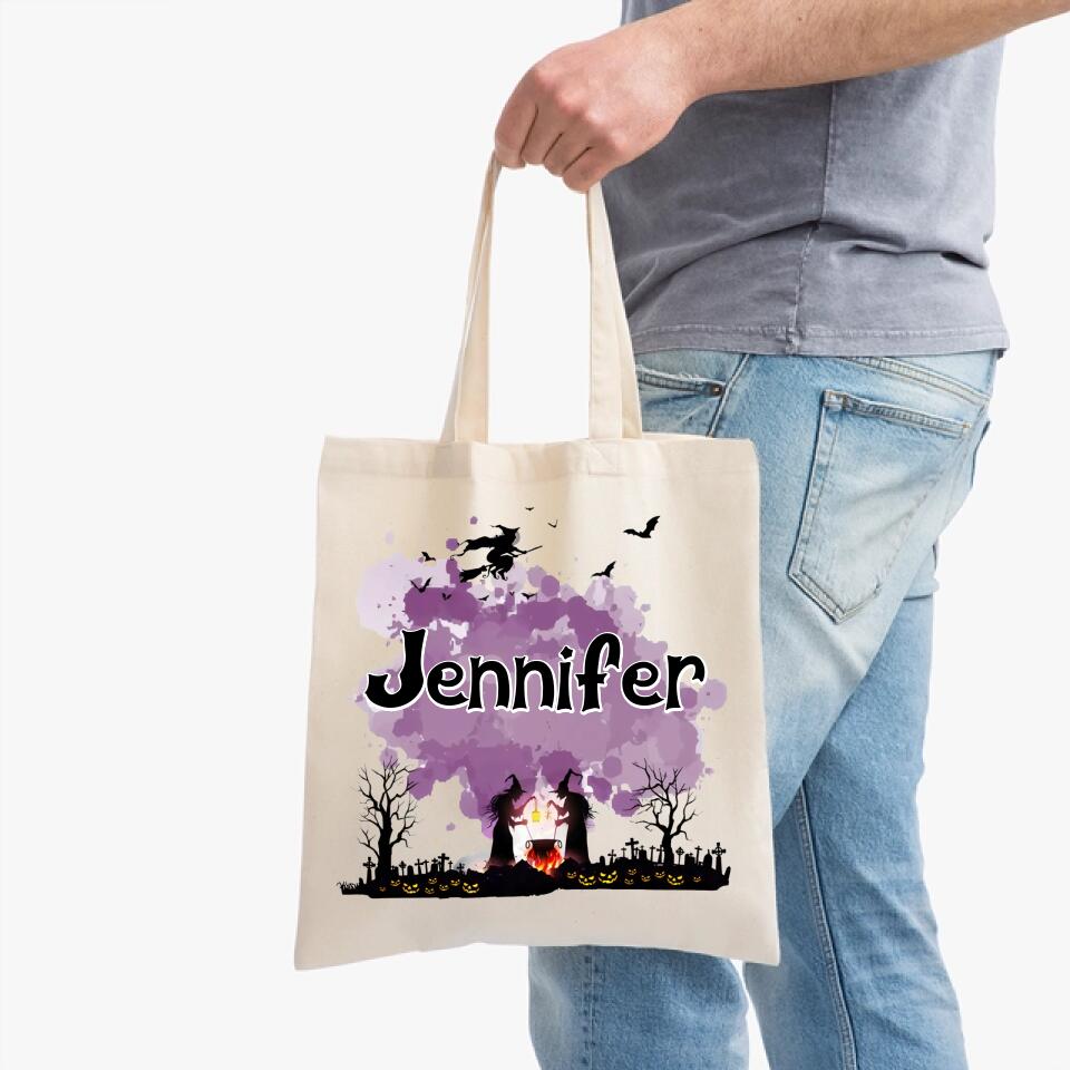 Personalized Halloween Tote Bag Customized Pumpkin Witch Black Cat Castle Skeleton Ghost Canvas Tote Bag for Trick or Treat Goodie gift Bags