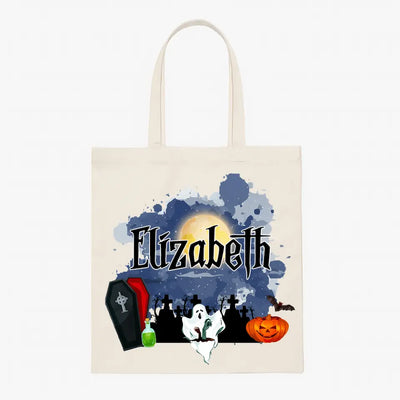 Personalized Halloween Tote Bag Customized Pumpkin Witch Black Cat Castle Skeleton Ghost Canvas Tote Bag for Trick or Treat Goodie gift Bags