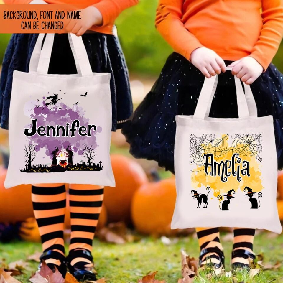 Personalized Halloween Tote Bag Customized Pumpkin Witch Black Cat Castle Skeleton Ghost Canvas Tote Bag for Trick or Treat Goodie gift Bags
