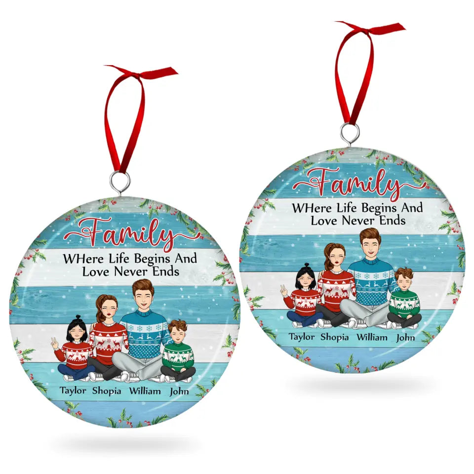 Family Where Begins And Love Never Ends - Personalized 3D Metal Ornament,  Two-Sided Printed