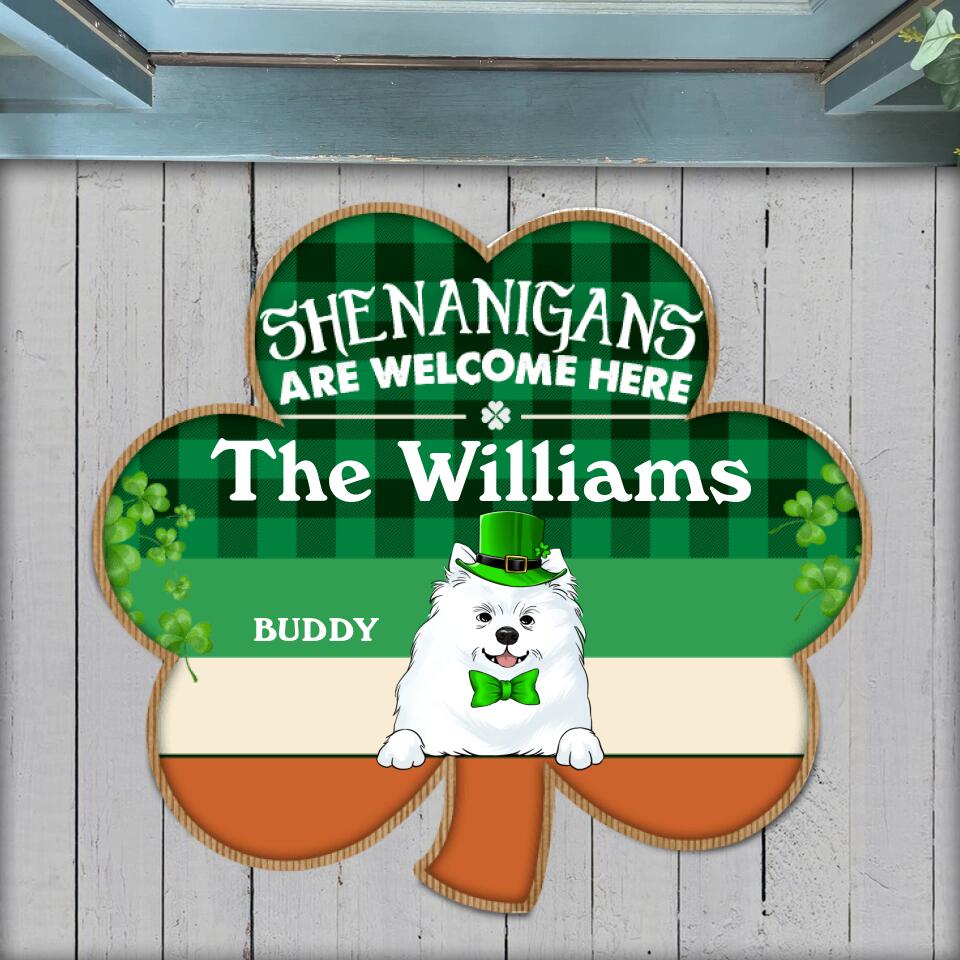 Shenanigans Are Welcome Here, For Patrick's Day, For Dog Lovers - Personalized Shamrock Shaped Doormat