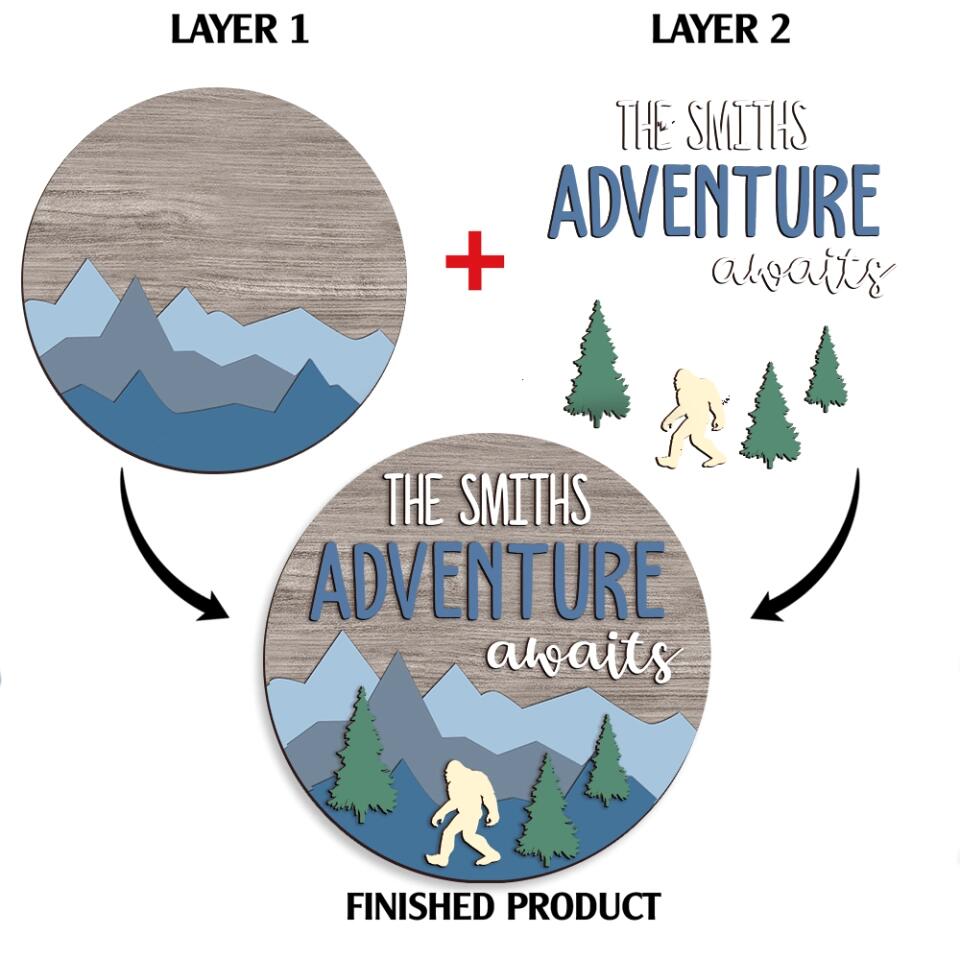 Adventure Awaits - Personalized 2 Layer Sign, Gift For Camper