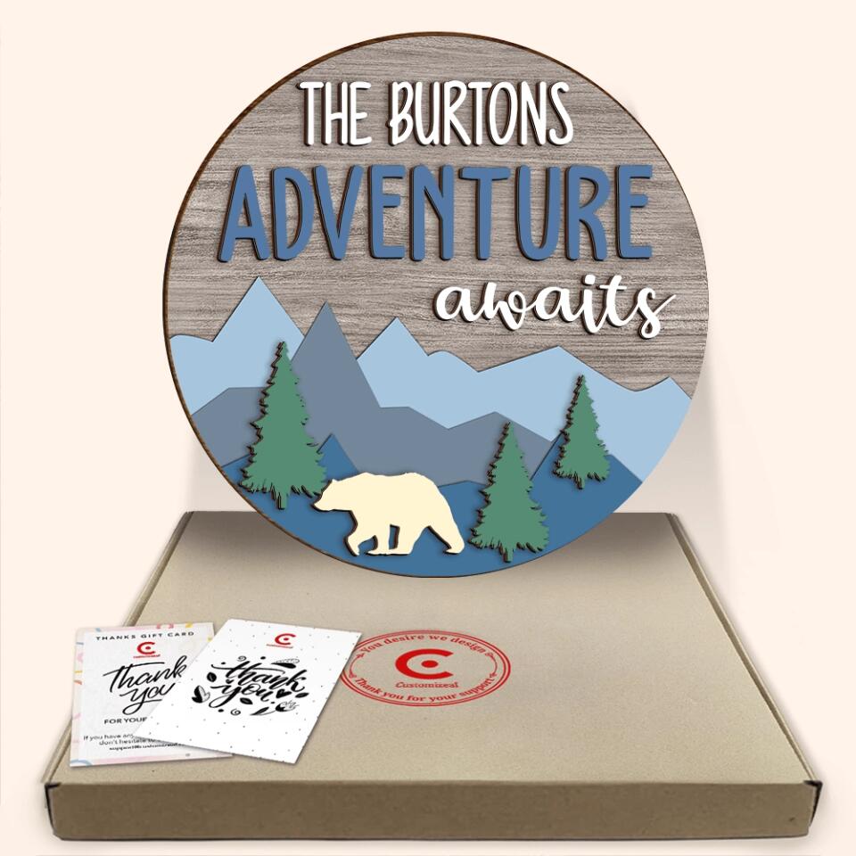 Adventure Awaits - Personalized 2 Layer Sign, Gift For Camper
