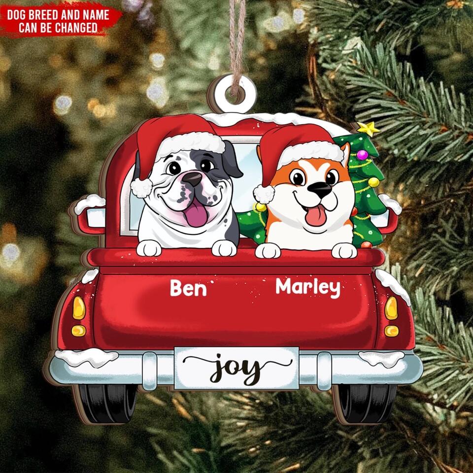 Dogs On Red Truck Christmas - Personalized Wooden Ornament, Gift For Dog Lover, Christmas Gift, Custom Dog Ornament
