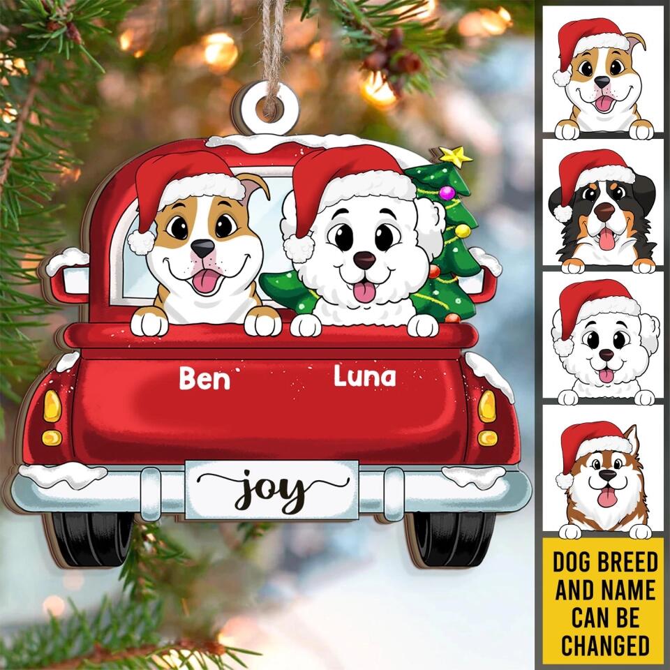 Dogs On Red Truck Christmas - Personalized Wooden Ornament, Gift For Dog Lover, Christmas Gift, Custom Dog Ornament