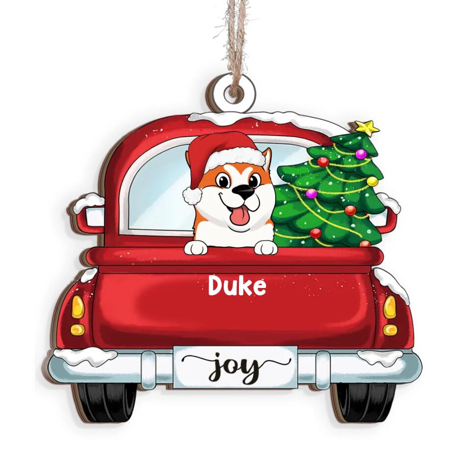 Dogs On Red Truck Christmas - Personalized Wooden Ornament, Gift For Dog Lover, Christmas Gift, Custom Dog Ornament