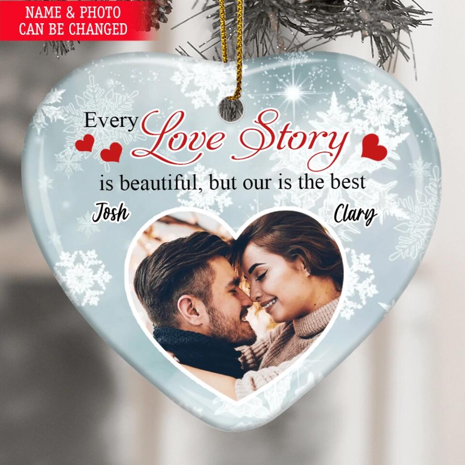 Every Love Story Is Beautiful - Wedding Couple Custom Gift - Photo Couple Ornament - Personalized Heart Ceramic Ornament