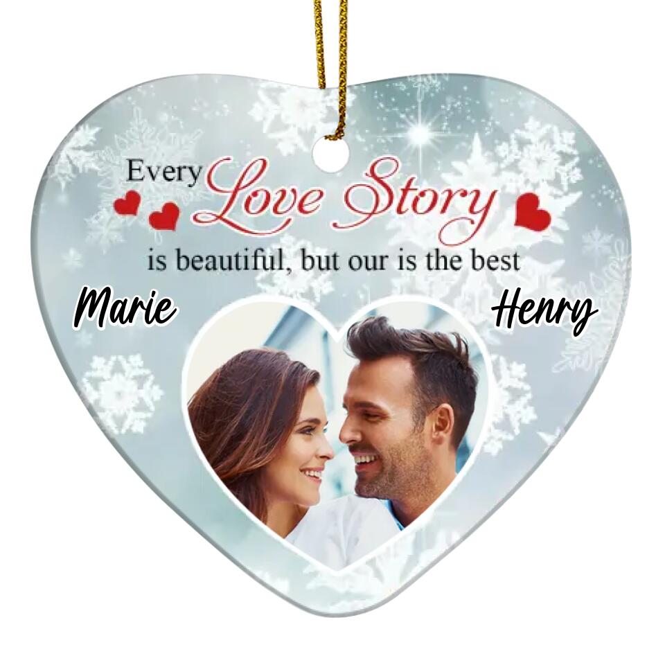 Every Love Story Is Beautiful - Wedding Couple Custom Gift - Photo Couple Ornament - Personalized Heart Ceramic Ornament