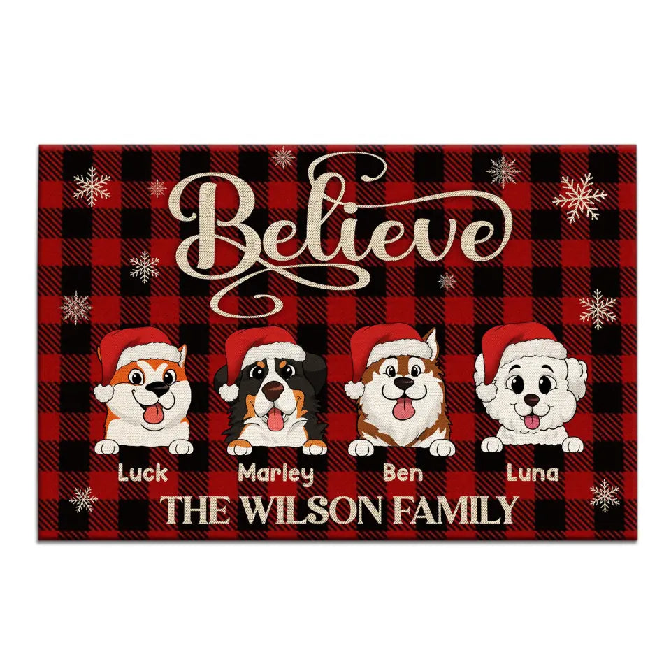 Dog Christmas Buffalo Plaid Snowflake Believe - Personalized Doormat, Christmas Gift for Dog Lover, Custom Welcome Doormat