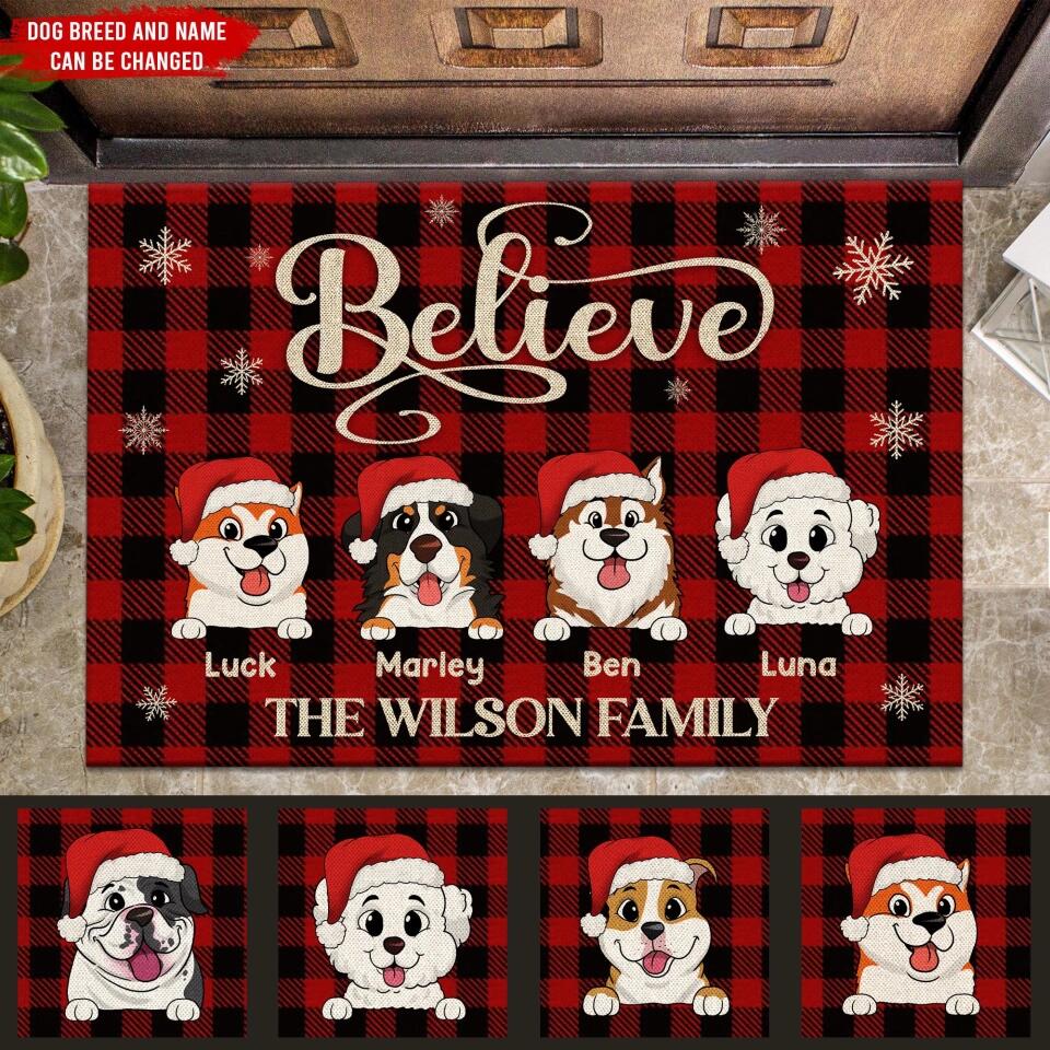 Dog Christmas Buffalo Plaid Snowflake Believe - Personalized Doormat, Christmas Gift for Dog Lover, Custom Welcome Doormat