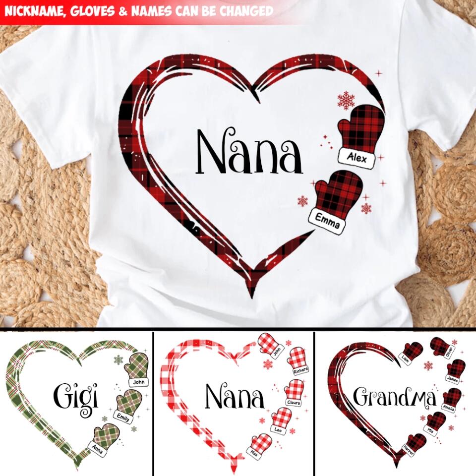 Grandma Heart Hand Print Buffalo Plaid - Personalized T-shirt, Christmas Gift For Grandma, Gift For Nana, Gigi, Grandma Sweatshirt