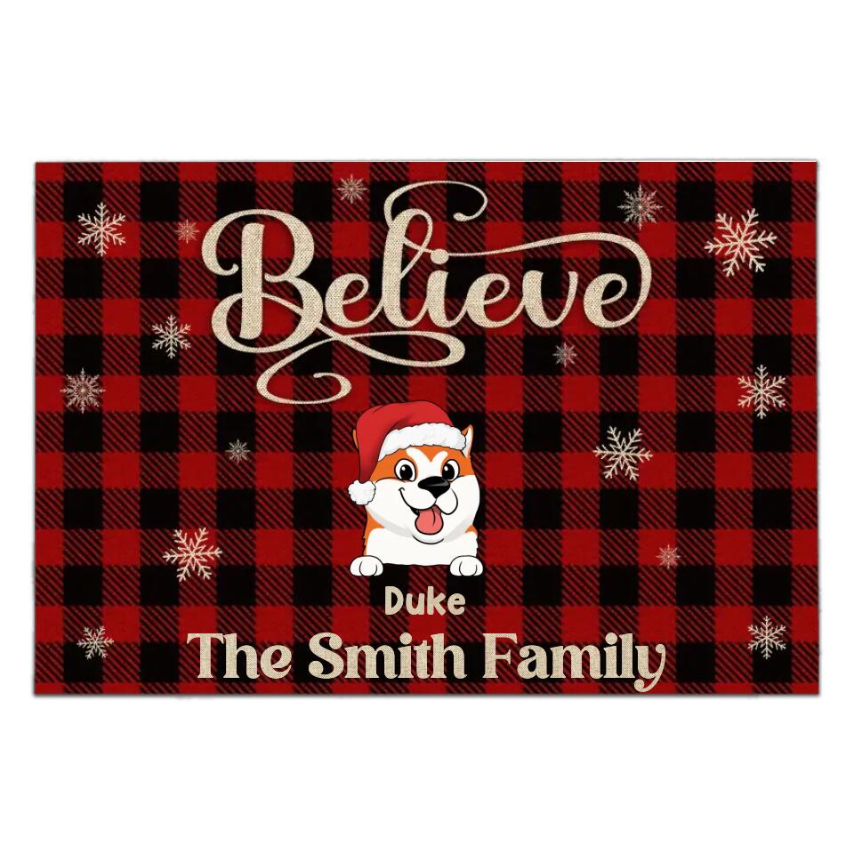 Dog Christmas Buffalo Plaid Snowflake Believe - Personalized Doormat, Christmas Gift for Dog Lover, Custom Welcome Doormat