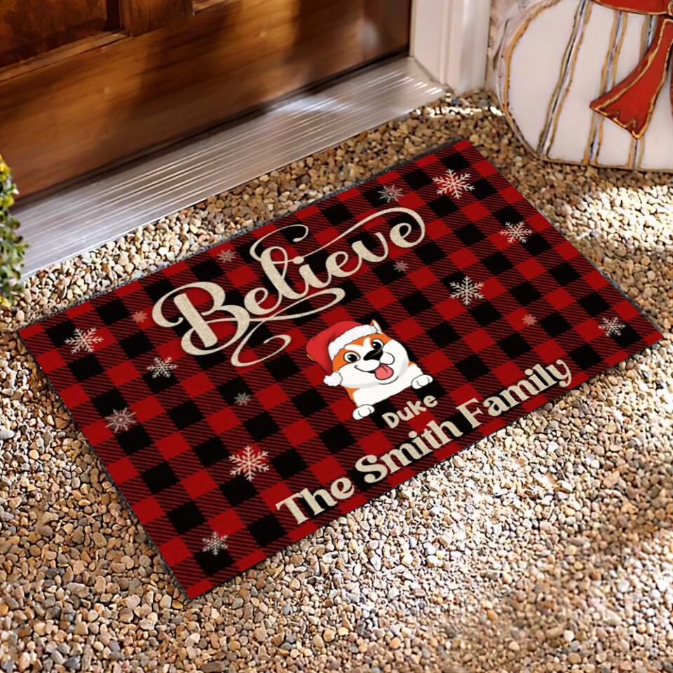 Dog Christmas Buffalo Plaid Snowflake Believe - Personalized Doormat, Christmas Gift for Dog Lover, Custom Welcome Doormat