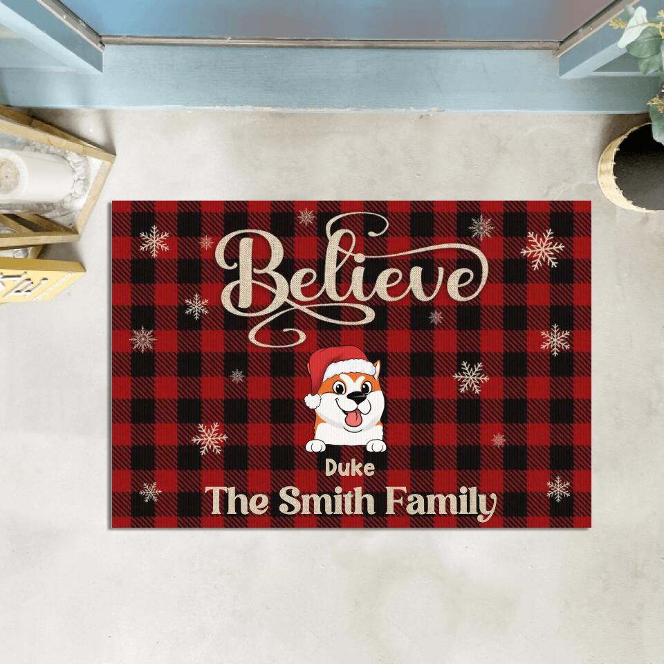 Dog Christmas Buffalo Plaid Snowflake Believe - Personalized Doormat, Christmas Gift for Dog Lover, Custom Welcome Doormat