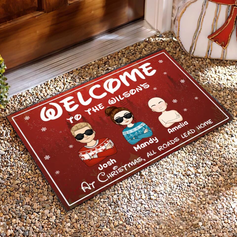At Christmas All Roads Lead Home - Christmas Welcome Mat - Christmas Gift Decor - Personalized Doormat