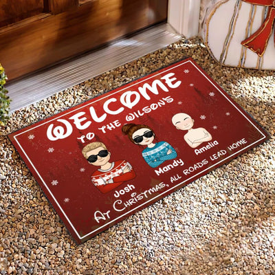 At Christmas All Roads Lead Home - Christmas Welcome Mat - Christmas Gift Decor - Personalized Doormat
