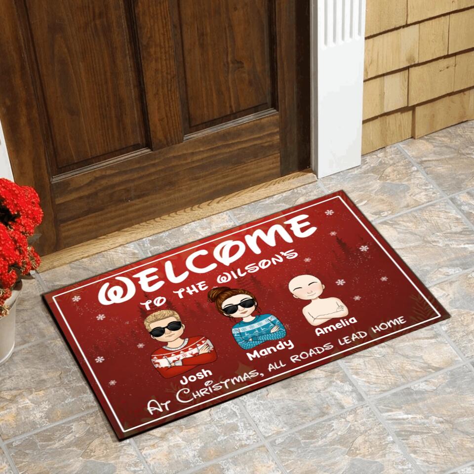 At Christmas All Roads Lead Home - Christmas Welcome Mat - Christmas Gift Decor - Personalized Doormat