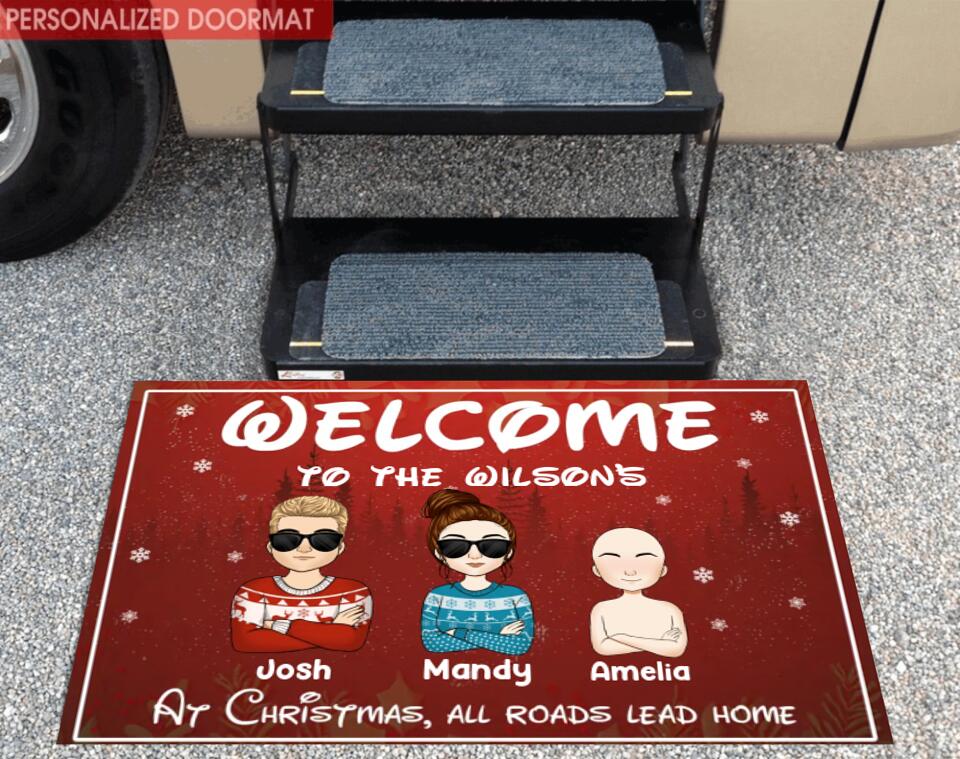 At Christmas All Roads Lead Home - Christmas Welcome Mat - Christmas Gift Decor - Personalized Doormat