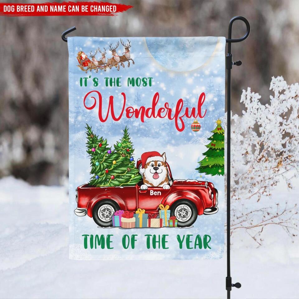 It's The Most Wonderful Time Of The Year - Personalized Garden Flag, Gift For Dog Lover, Christmas Gift, Dog Christmas Flag