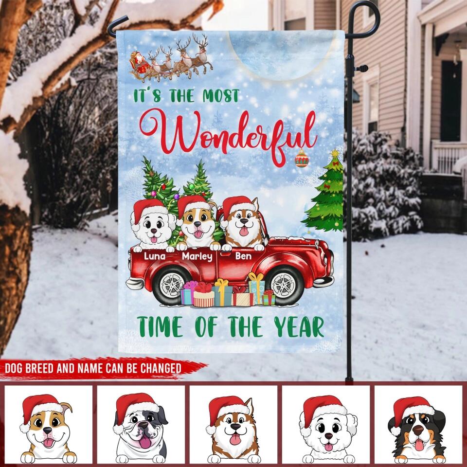 It's The Most Wonderful Time Of The Year - Personalized Garden Flag, Gift For Dog Lover, Christmas Gift, Dog Christmas Flag